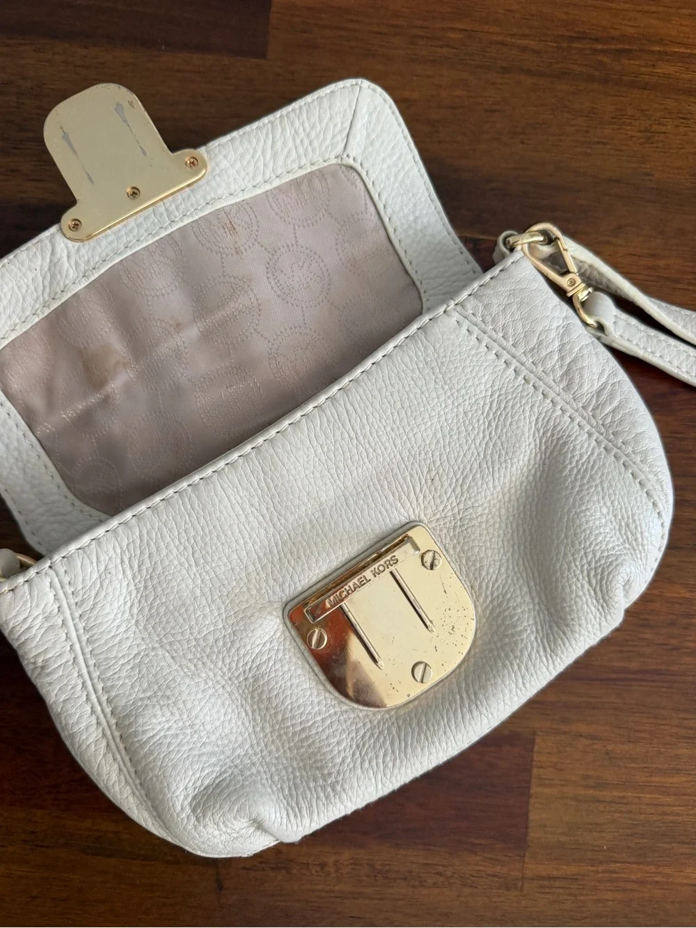 Michael Kors Charlton Small Flap Leather Crossbody Wristlet Bag Cream Off-White